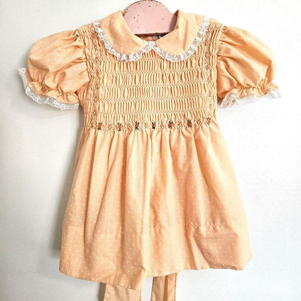 Vintage Peach Dotted Swiss Dress 2 T Smocked Tie Back 90s Nana's Pet Jc Penny